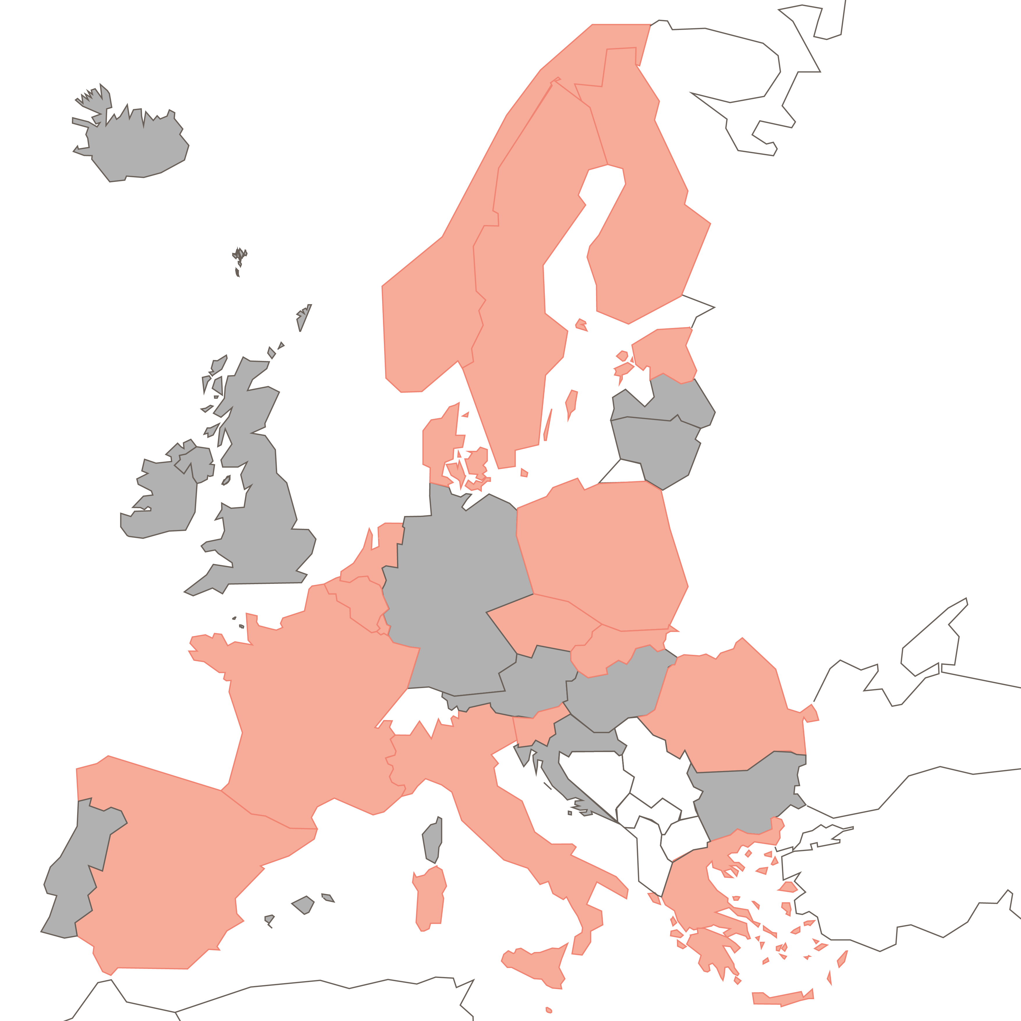 Europakarta där de länder som är anslutna är markerade med rosa färg, övriga länder är gråa.