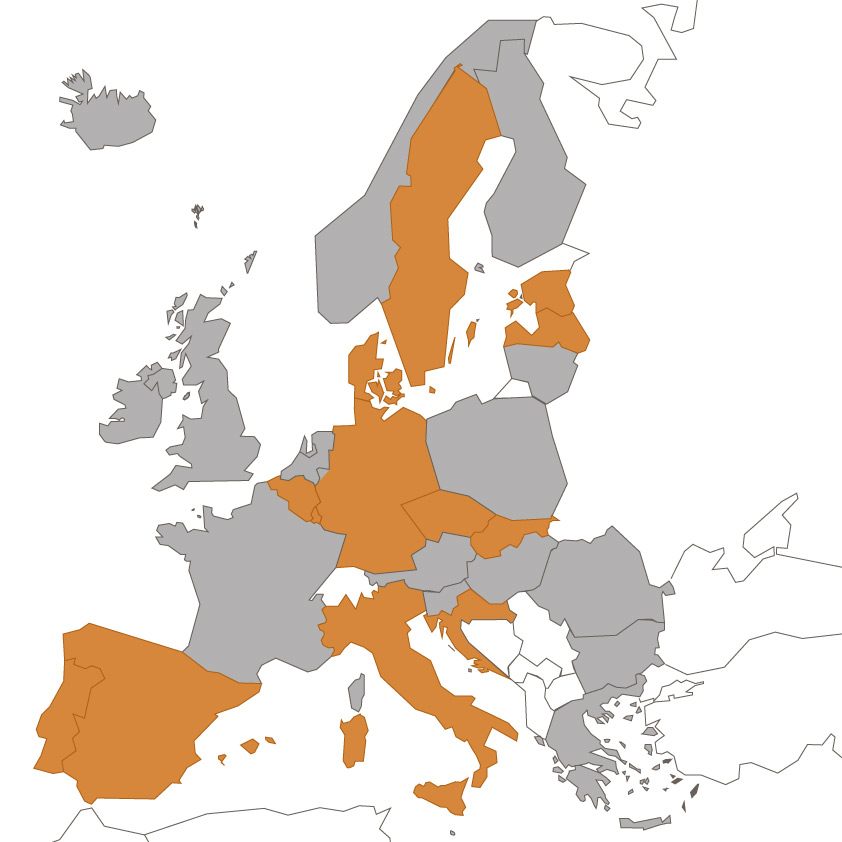 Europakarta där länder anslutna länder till eIDAS är markerade.