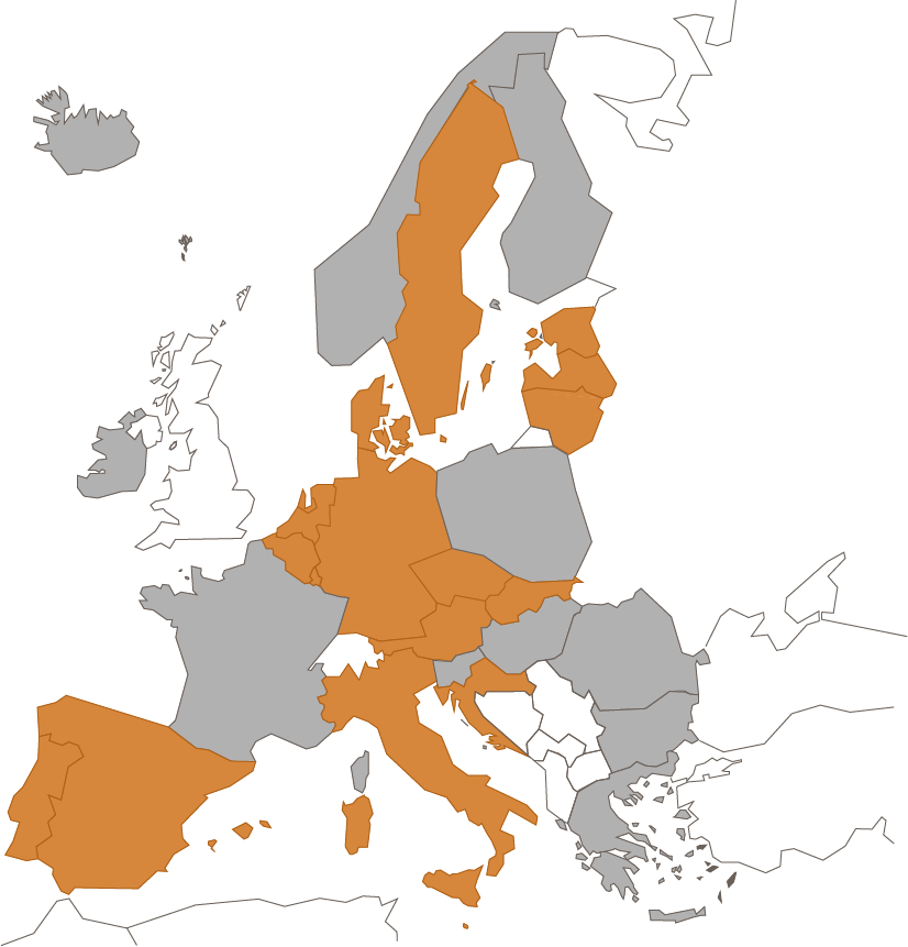 Europakarta där länder anslutna länder till eIDAS är markerade.